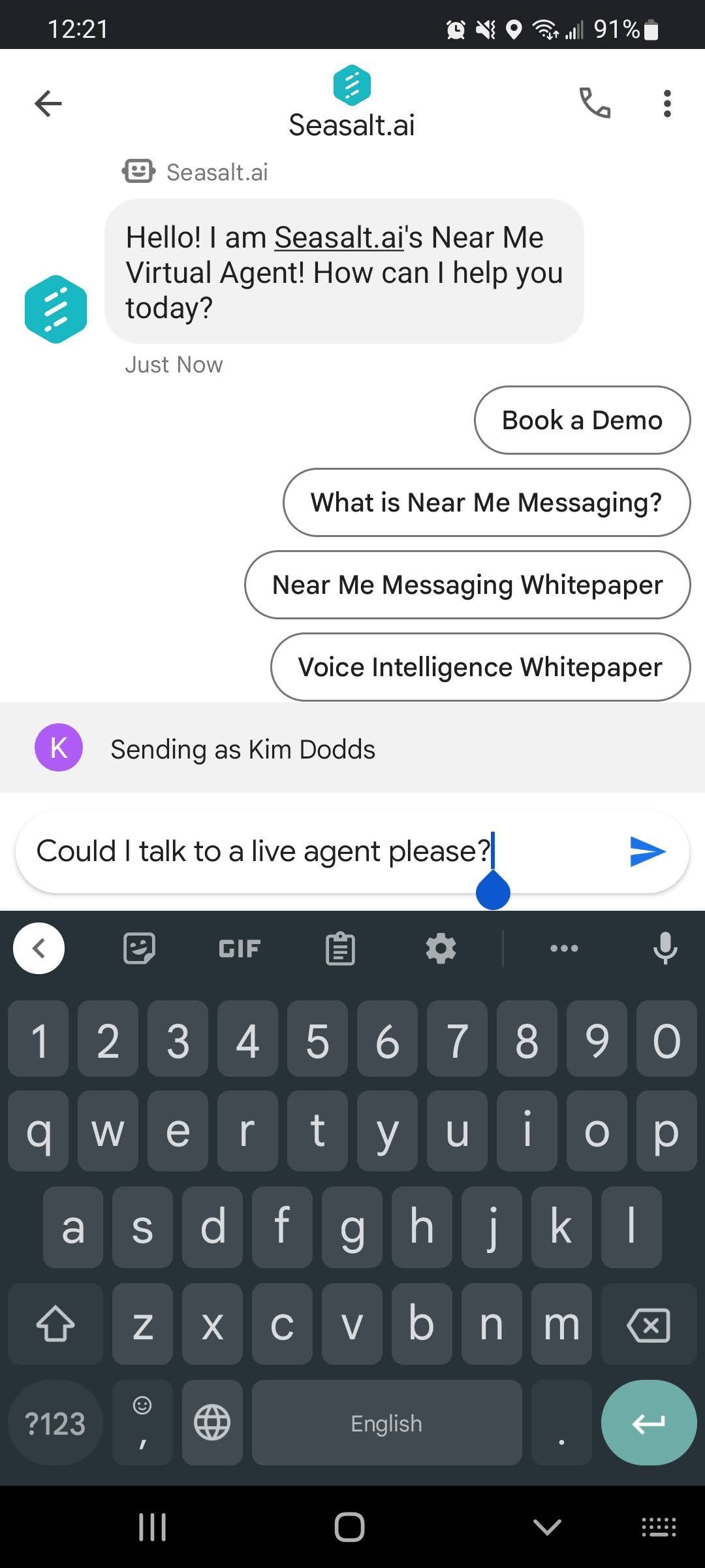 User sending a message to a business through Google Business Messages.