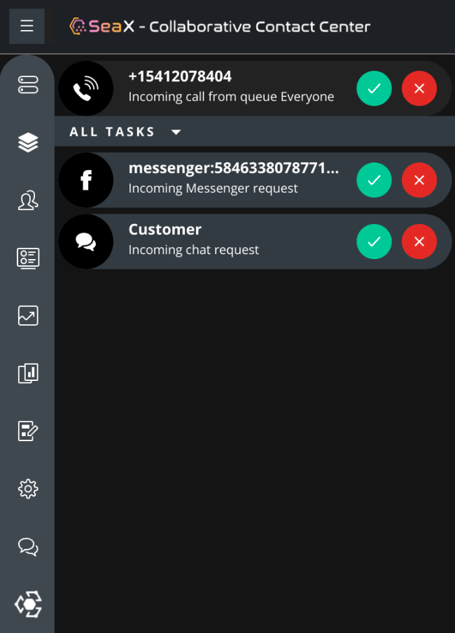 Incoming calls and messages displayed on the SeaX platform.