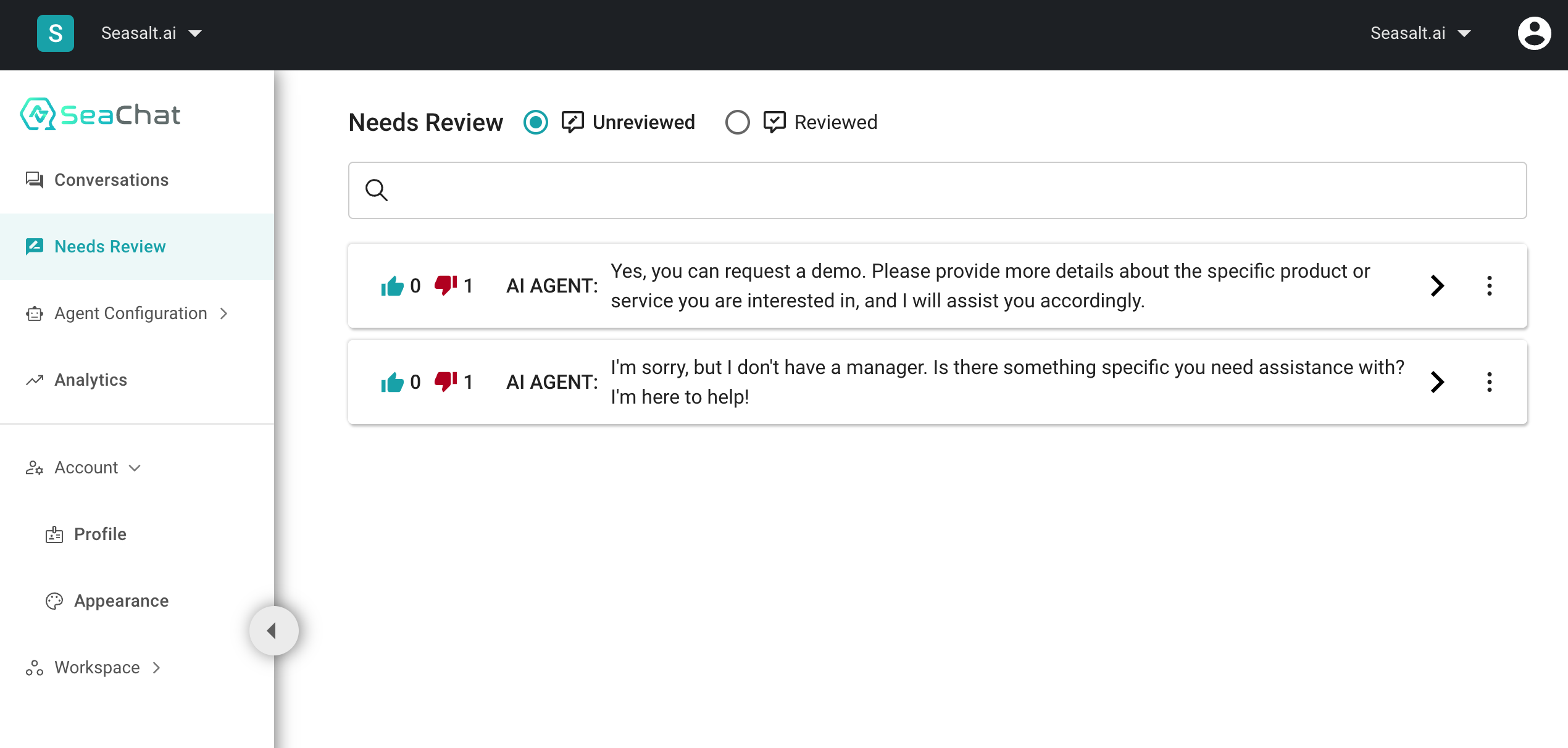 SeaChat has review system for AI agents