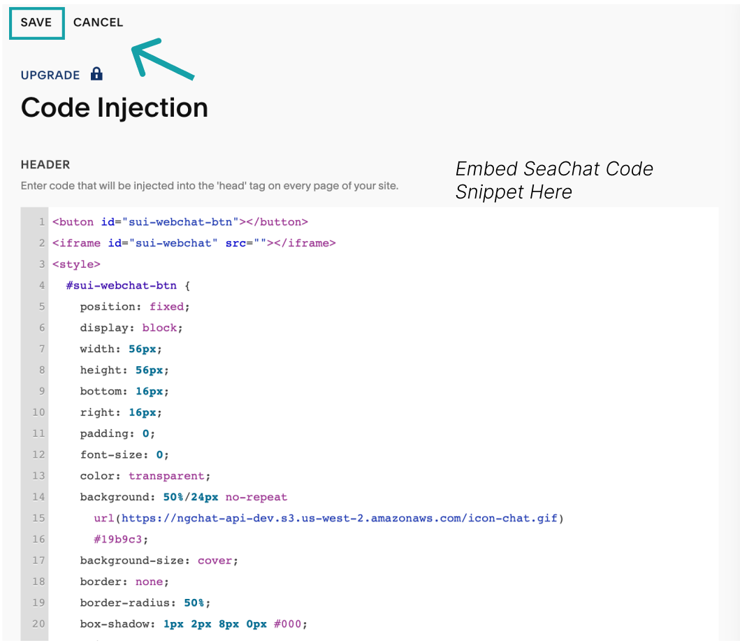Retrieve the SeaChat code snippet from the Squarespace integration setup on SeaChat.